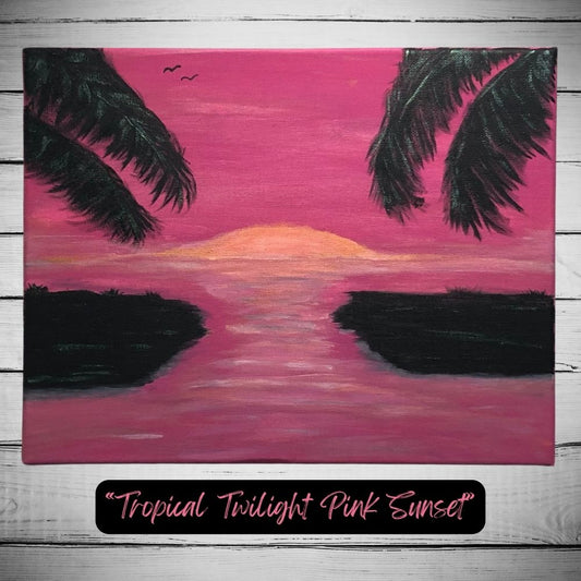 Tropical Twilight: Pink Sunset Palm Trees Canvas Painting 14' L x 11' H